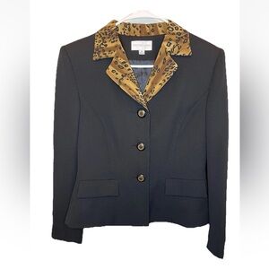 PRESTON & YORK Women's Black Jacket Blazer Lined Animal Print Collar Size 8 NWT